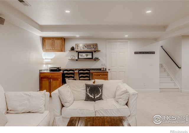 8367 Devinney St, Arvada, CO 80005 - living room featuring stairway, recessed lighting, and carpet flooring