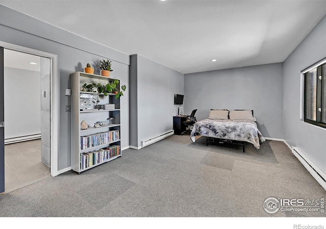 1424 Sheep Ridge Rd, Fairplay, CO 80440 - bedroom with carpet, a baseboard heating unit, recessed lighting, and an office area