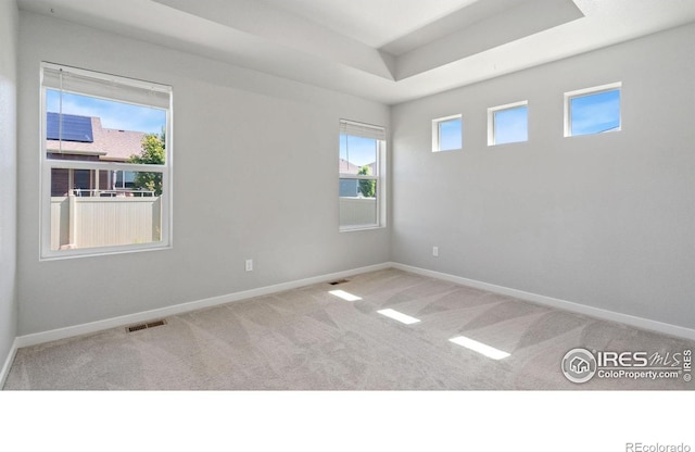 627 Overland Trl, Ault, CO 80610 - carpeted empty room with baseboards and a tray ceiling