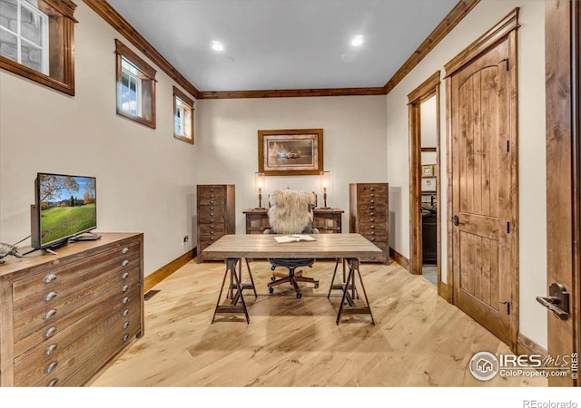 37021 Kingfisher Ct, Severance, CO 80550 - office area featuring crown molding, light wood finished floors, and recessed lighting