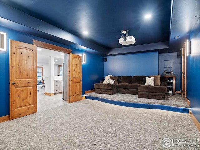 863 Riparian Way, Fort Collins, CO 80524 - living area with carpet floors, a tray ceiling, and recessed lighting