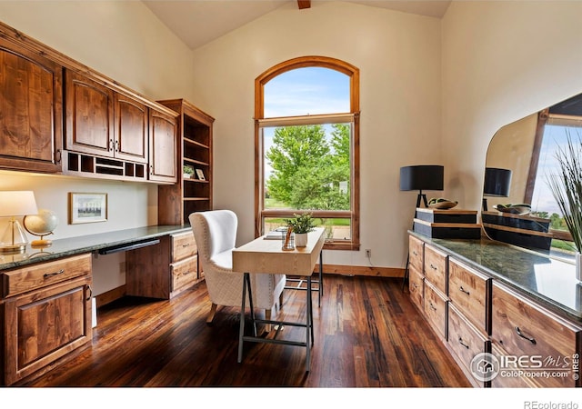 863 Riparian Way, Fort Collins, CO 80524 - office with vaulted ceiling, built in desk, and dark wood-style flooring