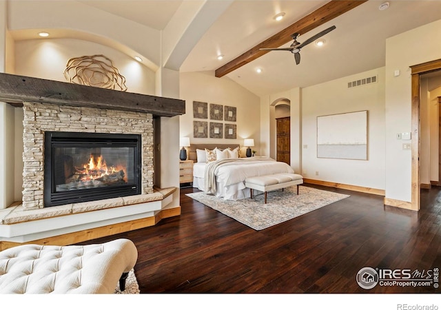 863 Riparian Way, Fort Collins, CO 80524 - bedroom featuring wood-type flooring, a fireplace, recessed lighting, and arched walkways
