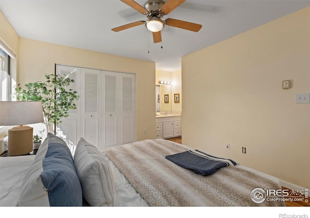 705 E Drake Rd Unit 40, Fort Collins, CO 80525 - bedroom featuring a closet, ceiling fan, and connected bathroom