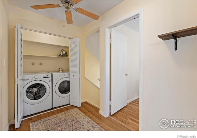 705 E Drake Rd Unit 40, Fort Collins, CO 80525 - laundry area featuring washer and dryer, light wood-style flooring, and ceiling fan