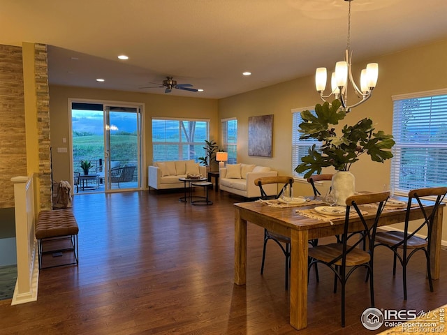 306 Baja Dr, Windsor, CO 80550 - dining room with dark wood-type flooring, a chandelier, recessed lighting, and ceiling fan