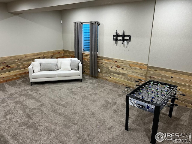 306 Baja Dr, Windsor, CO 80550 - rec room featuring carpet floors, wooden walls, and wainscoting