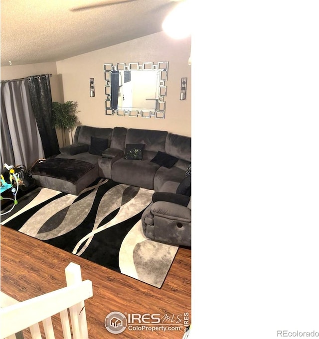 3200 Claremont Ave, Evans, CO 80620 - living area featuring wood finished floors, a textured ceiling, and vaulted ceiling