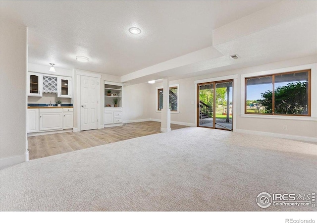1206 Canvasback Ct, Fort Collins, CO 80525 - unfurnished living room with carpet floors, bar with sink, and a textured ceiling