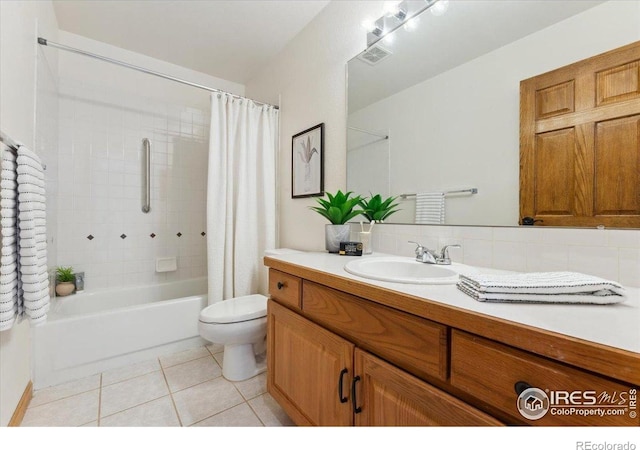 1206 Canvasback Ct, Fort Collins, CO 80525 - bathroom featuring vanity, shower / bathtub combination with curtain, tile patterned flooring, and backsplash