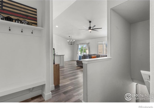452 Mt Sherman Ave, Severance, CO 80550 - mudroom featuring a ceiling fan, wood finished floors, recessed lighting, and a chandelier