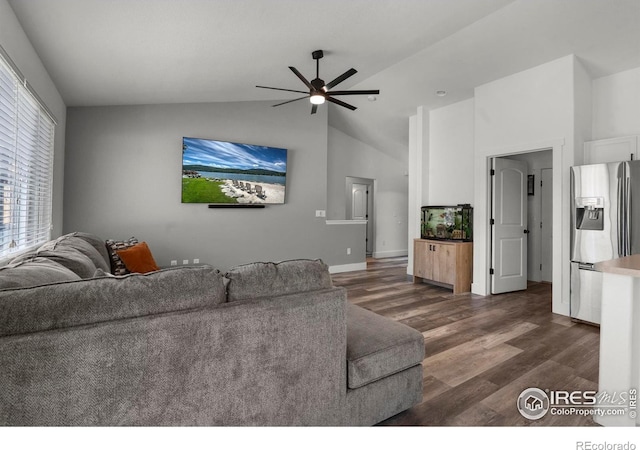 452 Mt Sherman Ave, Severance, CO 80550 - living area with ceiling fan, dark wood finished floors, and high vaulted ceiling