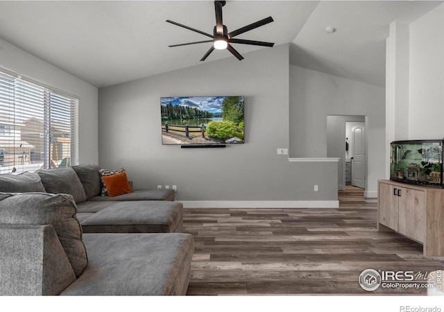 452 Mt Sherman Ave, Severance, CO 80550 - living room featuring ceiling fan, wood finished floors, and high vaulted ceiling