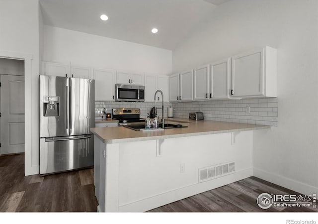 452 Mt Sherman Ave, Severance, CO 80550 - kitchen with stainless steel appliances, tasteful backsplash, light countertops, dark wood-style floors, and a peninsula