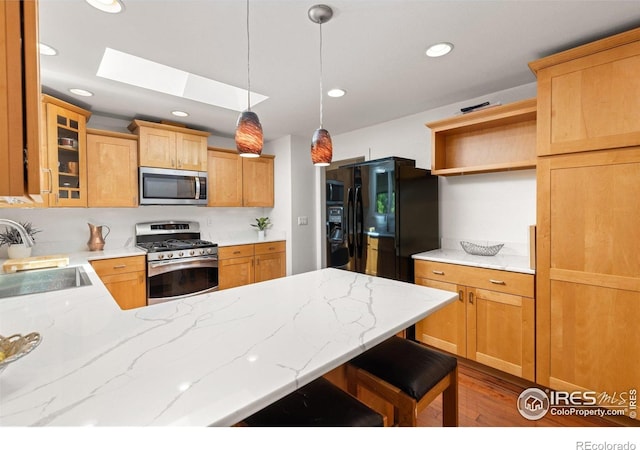7261 Mount Meeker Rd, Longmont, CO 80503 - kitchen featuring stainless steel appliances, open shelves, a skylight, wood finished floors, and a peninsula