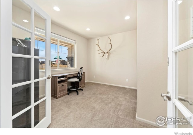 6504 Zimmerman Lake Rd, Timnath, CO 80547 - home office featuring carpet floors, french doors, and recessed lighting