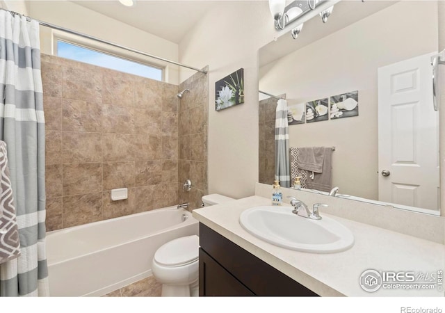 6504 Zimmerman Lake Rd, Timnath, CO 80547 - full bathroom with shower / bath combo with shower curtain, vanity, and tile patterned floors
