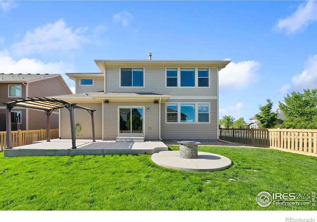 6504 Zimmerman Lake Rd, Timnath, CO 80547 - rear view of property featuring a patio area, a pergola, a fenced backyard, and an outdoor fire pit