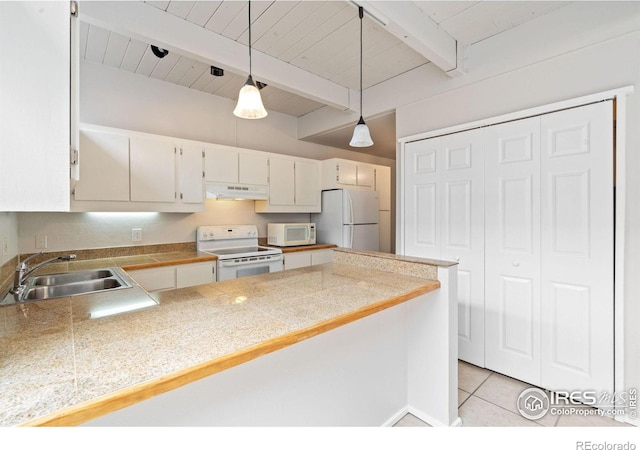 1731 Springmeadows Ct Unit A, Fort Collins, CO 80525 - kitchen with white appliances, a wood ceiling with exposed beams, a peninsula, under cabinet range hood, and tile countertops