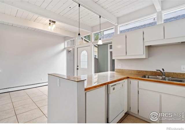 1731 Springmeadows Ct Unit A, Fort Collins, CO 80525 - kitchen featuring dishwasher, baseboard heating, a wood ceiling with exposed beams, white cabinetry, and a peninsula