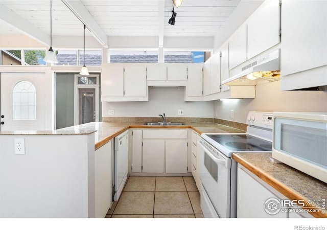1731 Springmeadows Ct Unit A, Fort Collins, CO 80525 - kitchen featuring white appliances, under cabinet range hood, white cabinetry, light tile patterned floors, and a wooden ceiling with exposed beams