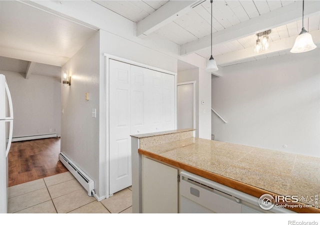 1731 Springmeadows Ct Unit A, Fort Collins, CO 80525 - kitchen with baseboard heating, tile counters, a wooden ceiling with exposed beams, light tile patterned floors, and pendant lighting