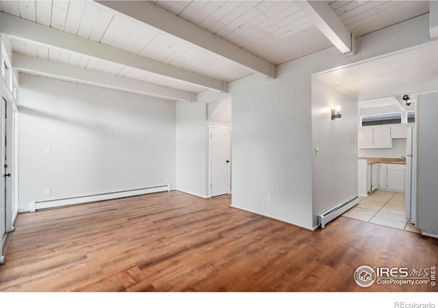 1731 Springmeadows Ct Unit A, Fort Collins, CO 80525 - empty room with baseboard heating, light wood-type flooring, and a wood ceiling with exposed beams