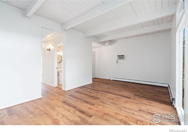 1731 Springmeadows Ct Unit A, Fort Collins, CO 80525 - empty room featuring wood finished floors, a wooden ceiling with exposed beams, and a baseboard heating unit