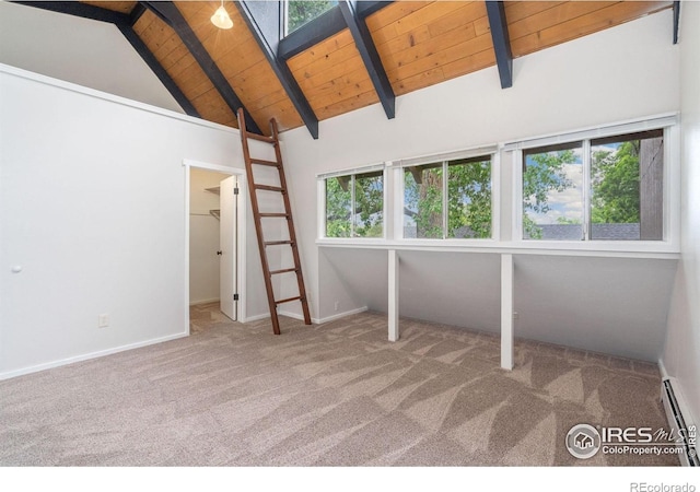 1731 Springmeadows Ct Unit A, Fort Collins, CO 80525 - unfurnished bedroom with carpet flooring, a wooden ceiling with exposed beams, a baseboard heating unit, a skylight, and high vaulted ceiling