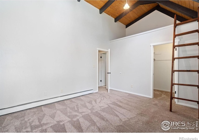 1731 Springmeadows Ct Unit A, Fort Collins, CO 80525 - carpeted spare room featuring a wooden ceiling with exposed beams, baseboard heating, and high vaulted ceiling