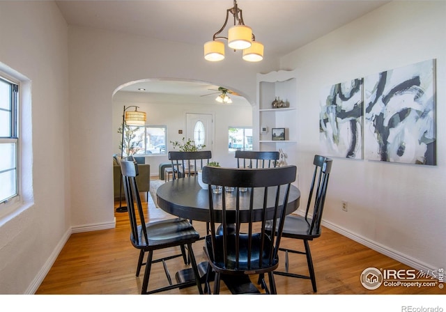 403 W Cannon St, Lafayette, CO 80026 - dining space with arched walkways, light wood-style floors, a chandelier, and a ceiling fan