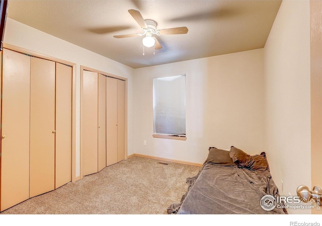 1343 E 7th St Unit 1, Loveland, CO 80537 - unfurnished bedroom featuring two closets, carpet, and ceiling fan