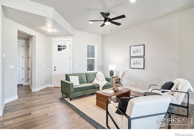 1550 Harebell St, Berthoud, CO 80513 - living room featuring light wood-type flooring, a ceiling fan, and recessed lighting