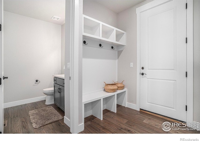 1550 Harebell St, Berthoud, CO 80513 - mudroom featuring dark wood-style floors and baseboards
