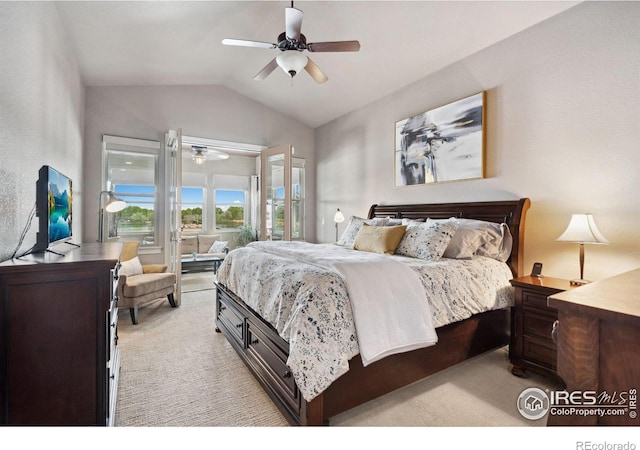 2055 Vineyard Dr, Windsor, CO 80550 - bedroom featuring light carpet, lofted ceiling, access to outside, and ceiling fan