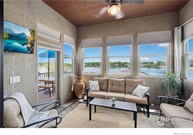 2055 Vineyard Dr, Windsor, CO 80550 - sunroom featuring a water view, wood finished floors, and wood ceiling