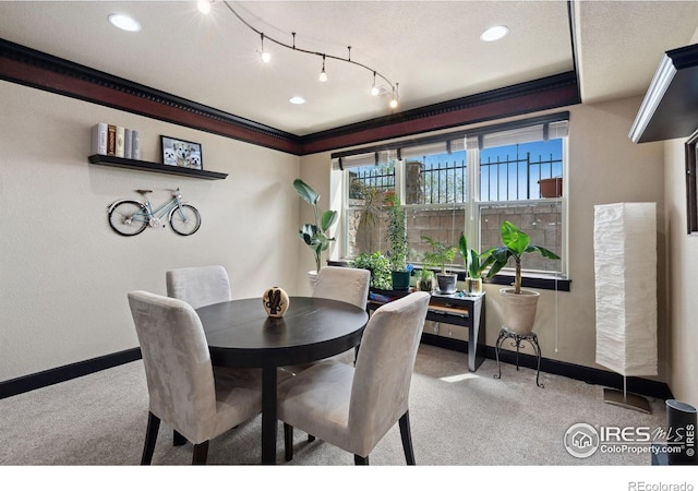2055 Vineyard Dr, Windsor, CO 80550 - carpeted dining space with crown molding and recessed lighting
