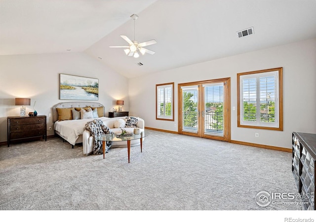 14601 Akron St, Brighton, CO 80602 - bedroom with access to outside, vaulted ceiling, carpet, and ceiling fan