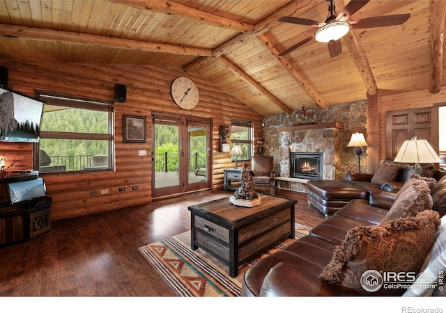 164 Dunraven Glade Rd, Glen Haven, CO 80532 - living room featuring a wood ceiling with exposed beams, a ceiling fan, wood-type flooring, a fireplace, and log walls