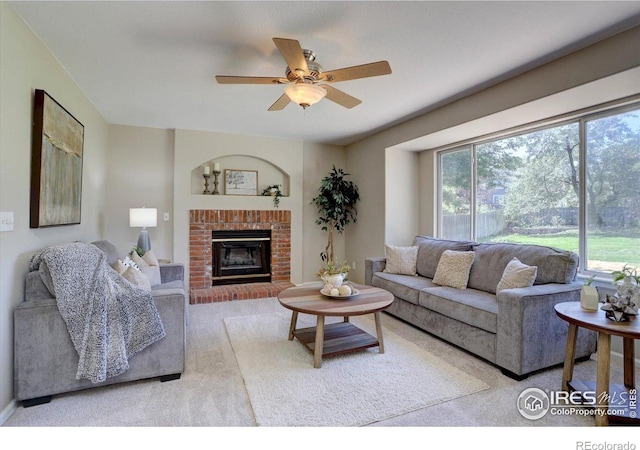 13382 Franklin St, Thornton, CO 80241 - carpeted living area with plenty of natural light, a brick fireplace, and ceiling fan