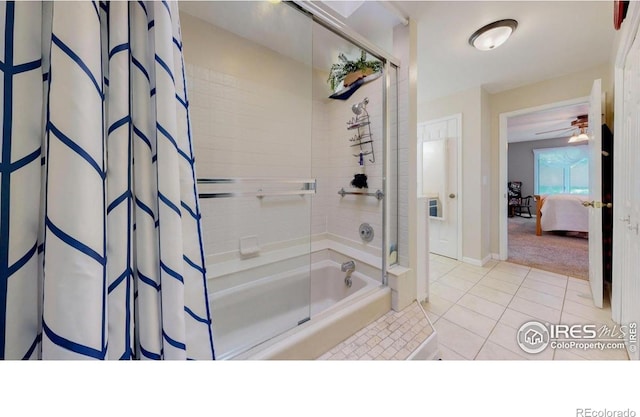 4557 W Pioneer Ln, Greeley, CO 80634 - ensuite bathroom featuring shower / tub combo with curtain, tile patterned floors, and a ceiling fan