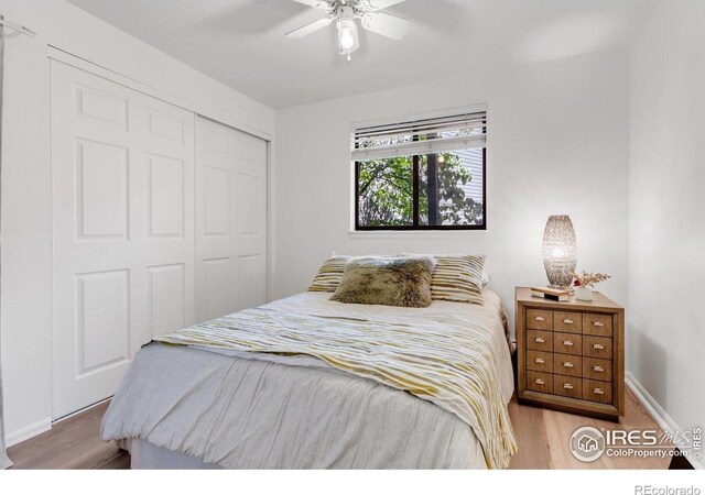 910 Portland Pl Unit 7, Boulder, CO 80304 - bedroom with wood finished floors, a closet, and a ceiling fan