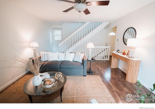 3025 Regatta Ln Unit 3, Fort Collins, CO 80525 - living area with wood finished floors, a ceiling fan, and stairs