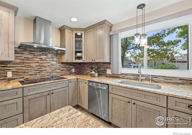 40 Walter Way, Broomfield, CO 80020 - kitchen with wall chimney exhaust hood, dishwasher, black electric cooktop, glass insert cabinets, and decorative backsplash