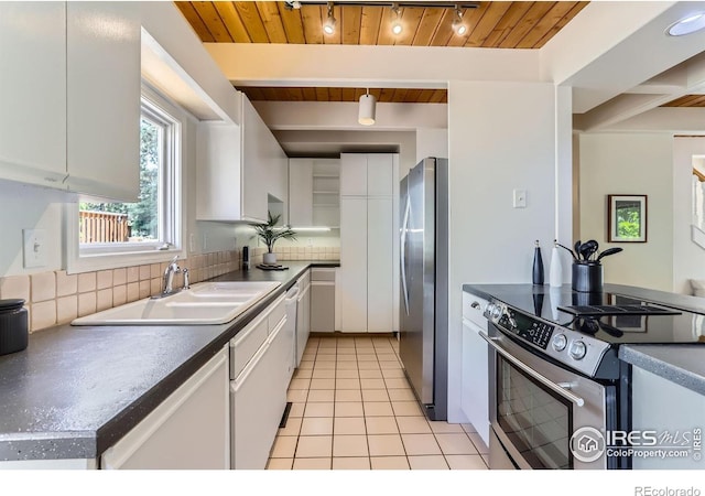725 Union Ave, Boulder, CO 80304 - kitchen with stainless steel appliances, wood ceiling, white cabinetry, rail lighting, and light tile patterned flooring