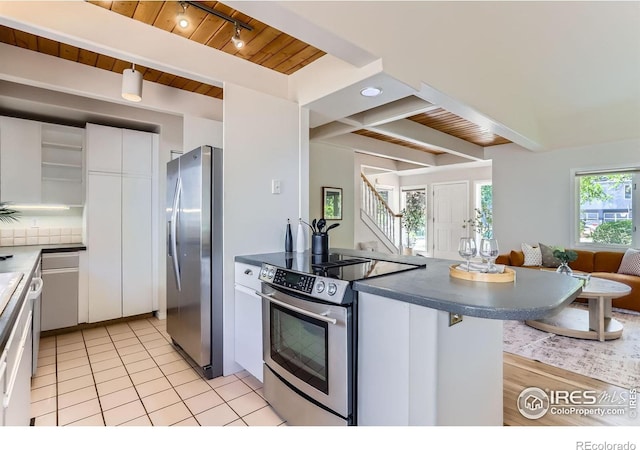 725 Union Ave, Boulder, CO 80304 - kitchen featuring stainless steel appliances, a wooden ceiling with exposed beams, white cabinets, open shelves, and dark countertops
