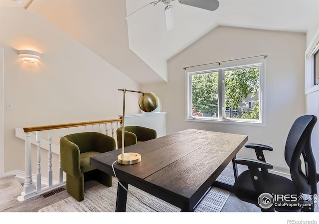 725 Union Ave, Boulder, CO 80304 - office area featuring vaulted ceiling, a ceiling fan, and carpet floors