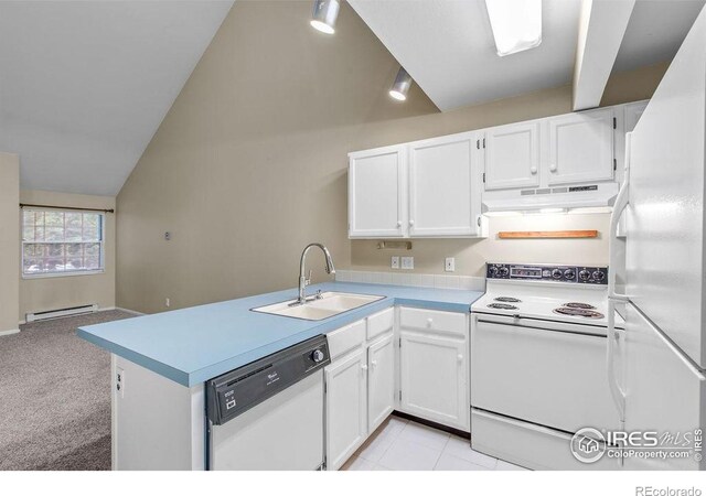 3565 Windmill Dr Unit F-7, Fort Collins, CO 80526 - kitchen featuring white appliances, under cabinet range hood, a baseboard radiator, white cabinets, and a peninsula