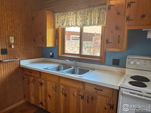 110 Meadow Ln, Bellvue, CO 80512 - kitchen featuring white electric range, light countertops, and brown cabinetry