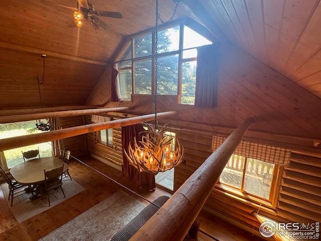 110 Meadow Ln, Bellvue, CO 80512 - detailed view of wooden ceiling, wood finished floors, a chandelier, wooden walls, and a ceiling fan